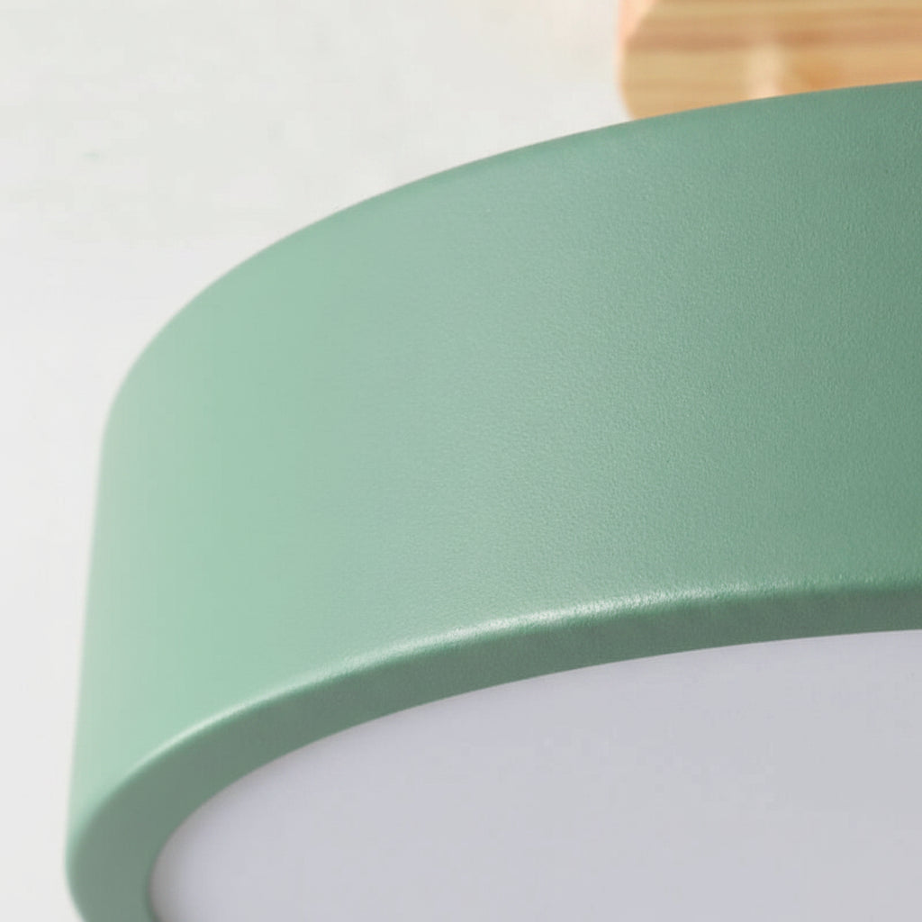 Close-up of a green lampshade with a wooden fixture on a white background