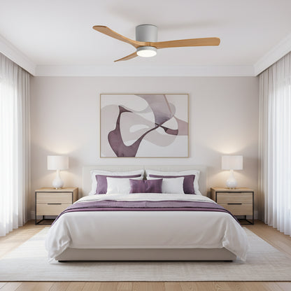 Ceiling fan with wooden blades in a living room setting, featuring  branding.