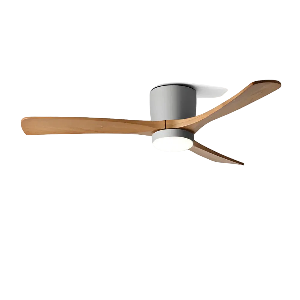 Ceiling fan with wooden blades on a white background