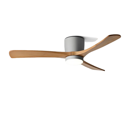 Ceiling fan with wooden blades on a white background