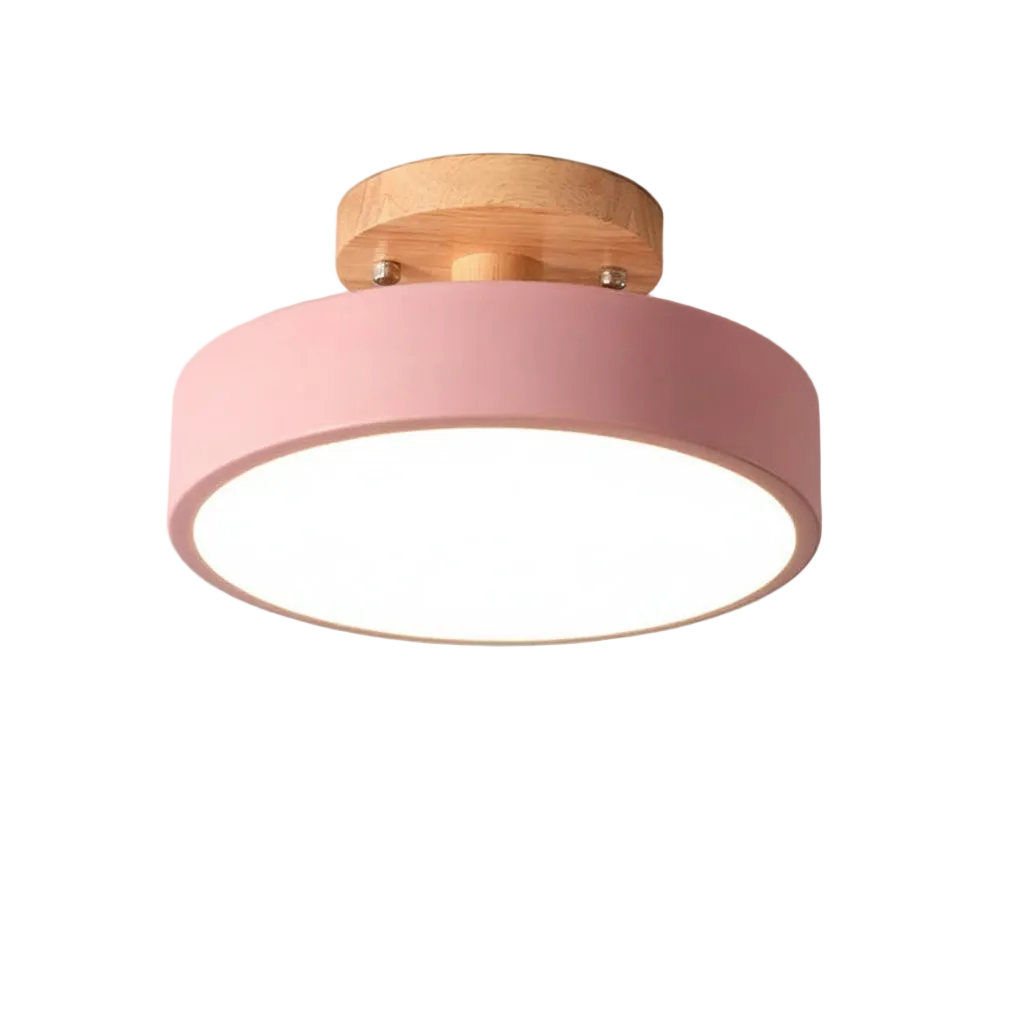 Pink ceiling light fixture with wooden finish on a white background