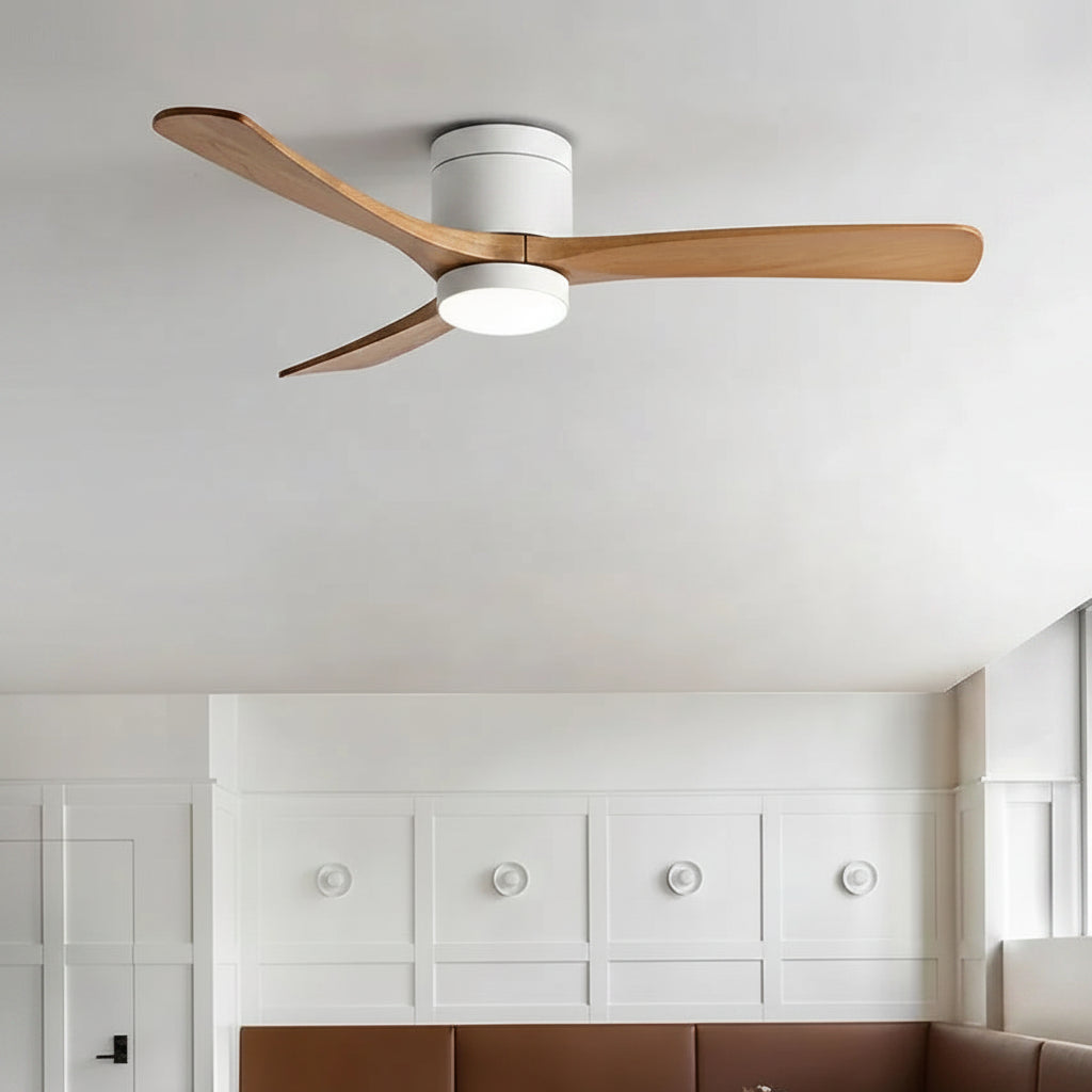 Ceiling fan with wooden blades in a modern living room setting