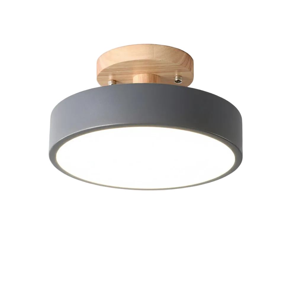 Ceiling light fixture with gray shade and wooden fixture on a white background