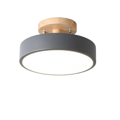 Ceiling light fixture with gray shade and wooden fixture on a white background
