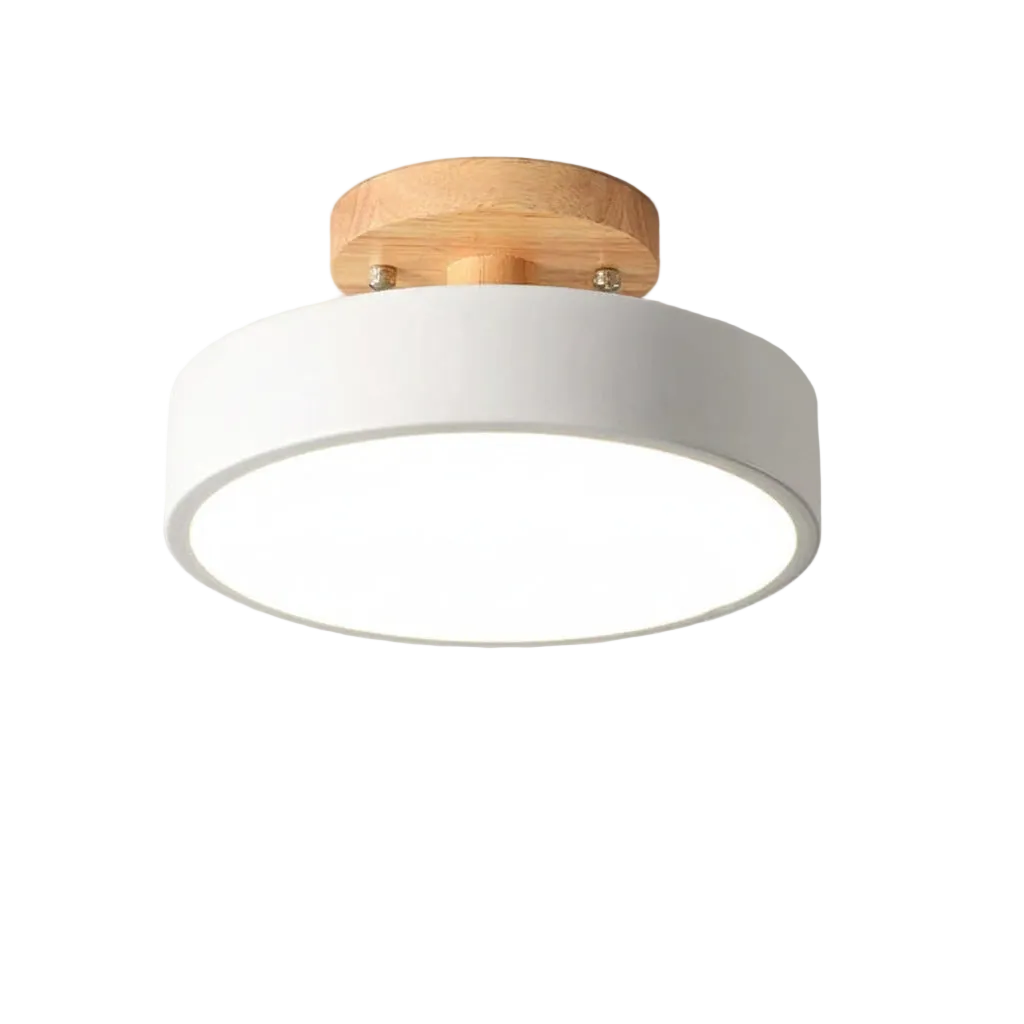 Ceiling light fixture with white shade and wooden top on a white background