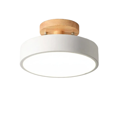 Ceiling light fixture with white shade and wooden top on a white background
