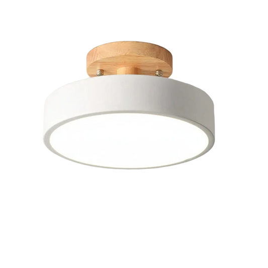 Ceiling light fixture with white shade and wooden top on a white background