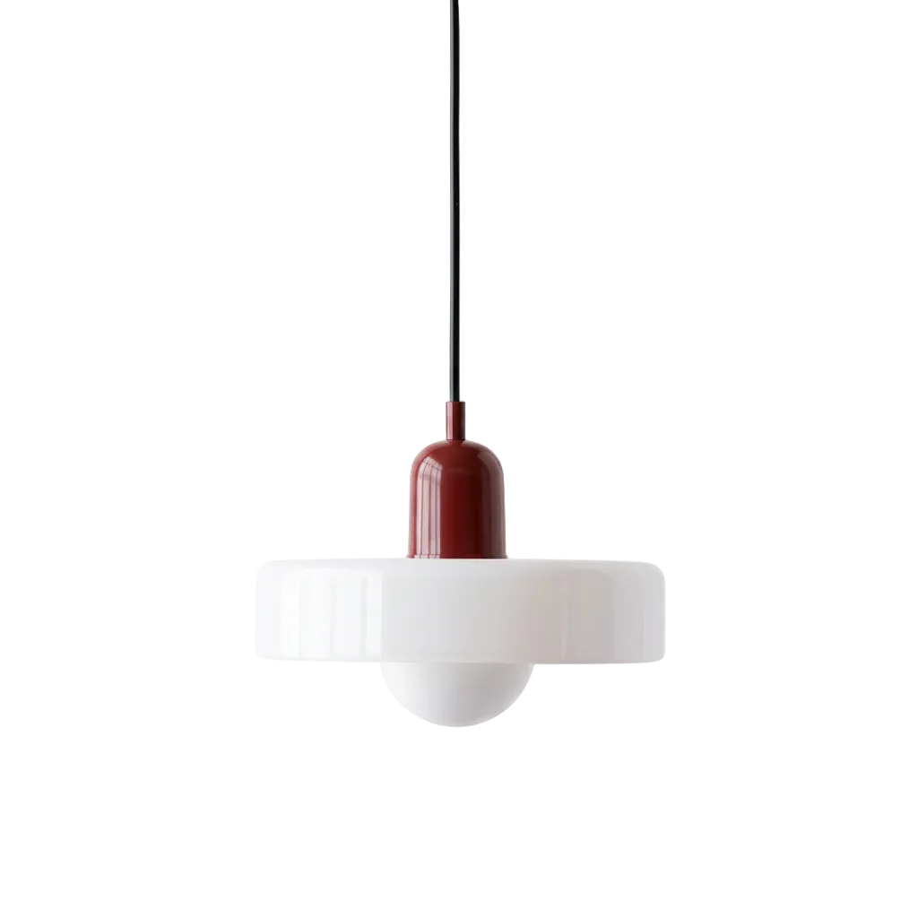 Pendant light with white shade and red-brown fixture on a white background