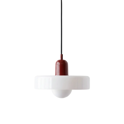 Pendant light with white shade and red-brown fixture on a white background