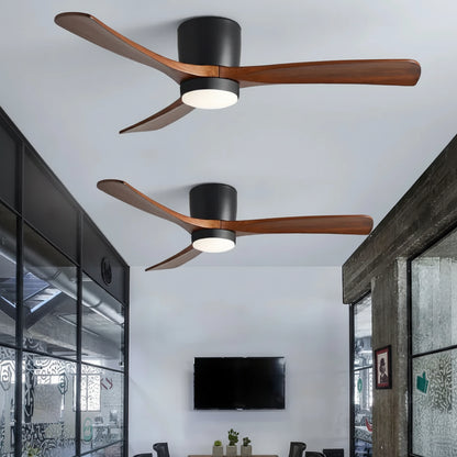 Two ceiling fans with wooden blades in a room with a TV and furniture.